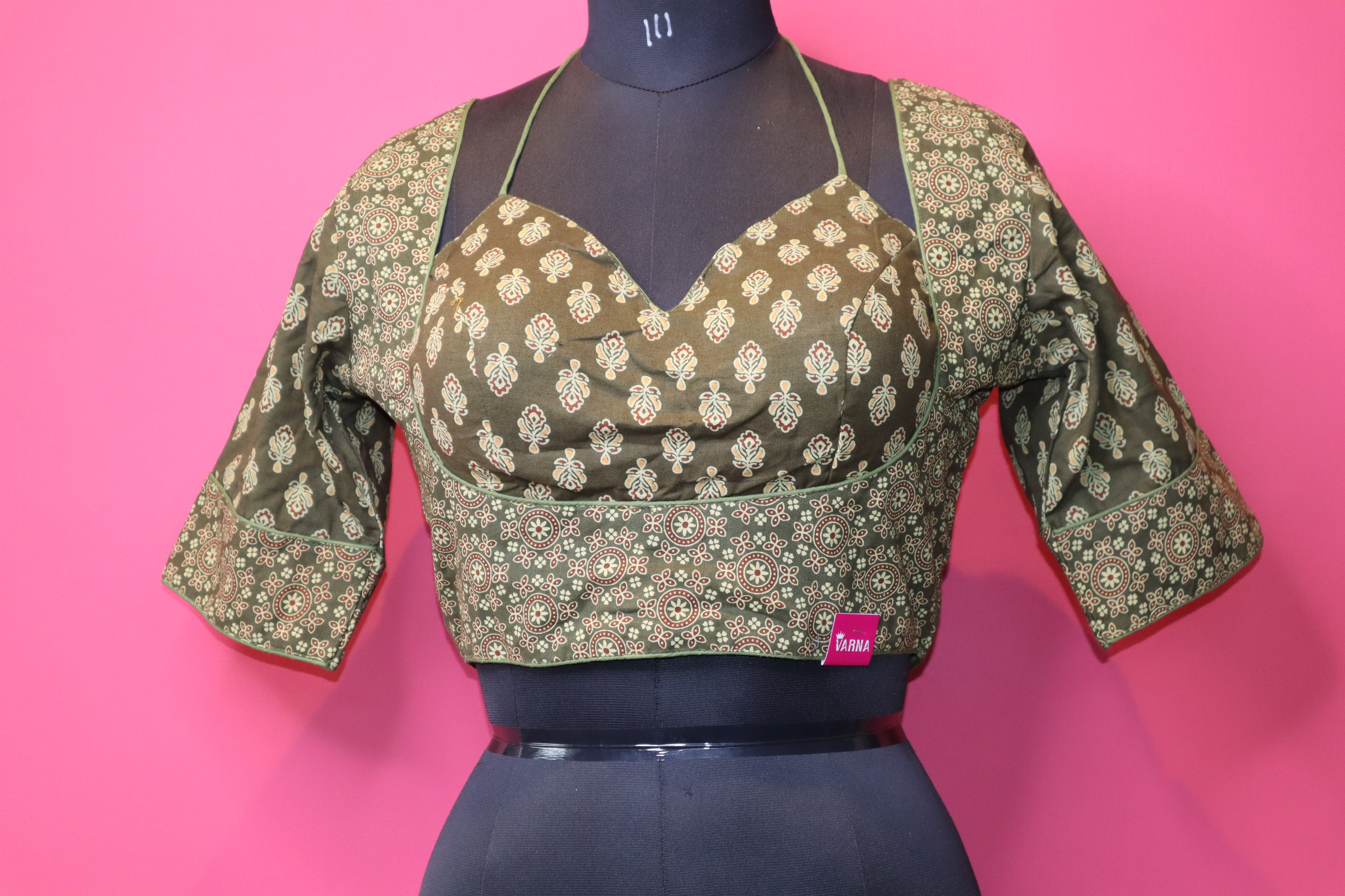Women's Olive Green Printed Cotton Designer Readymade Blouse – Sweetheart Neck with Halter Strap