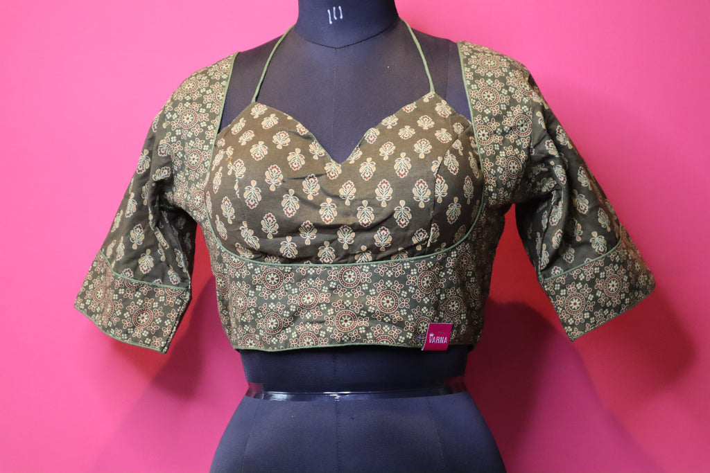 Women's Olive Green Printed Cotton Designer Readymade Blouse – Sweetheart Neck with Halter Strap