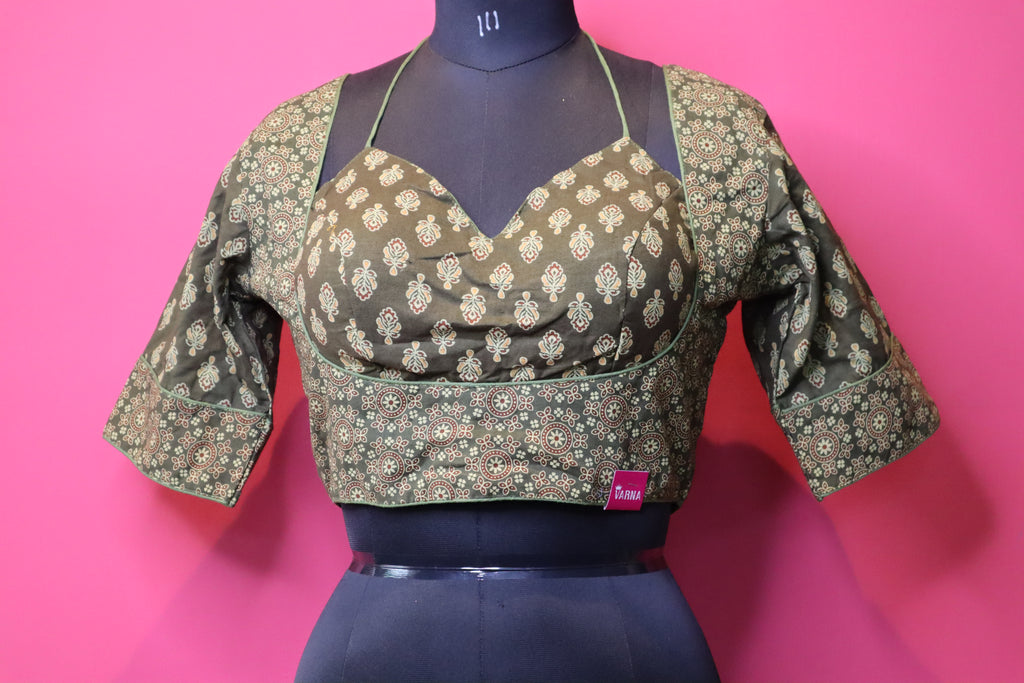 Women's Olive Green Printed Cotton Designer Readymade Blouse – Sweetheart Neck with Halter Strap