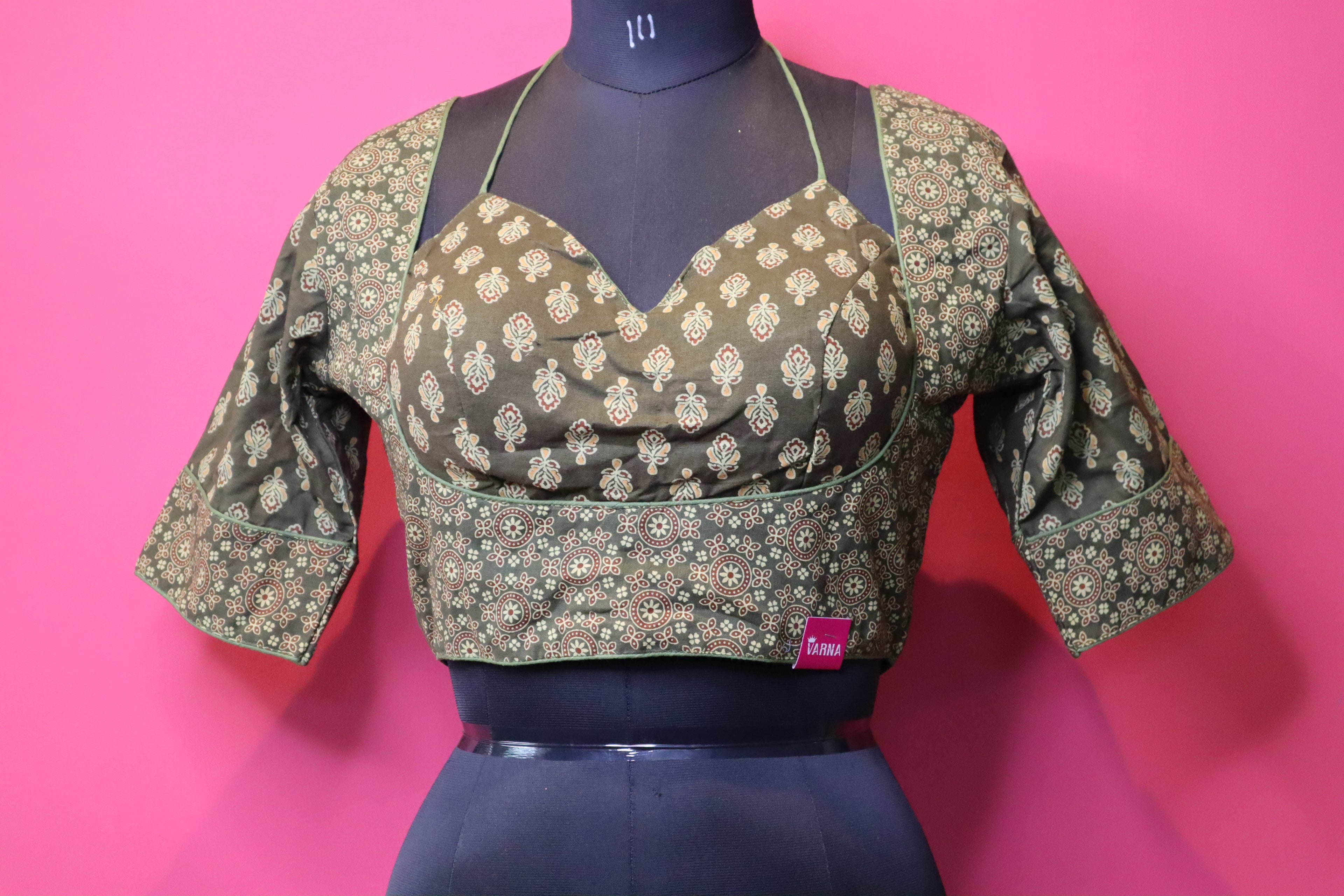 Women's Olive Green Printed Cotton Designer Readymade Blouse – Sweetheart Neck with Halter Strap
