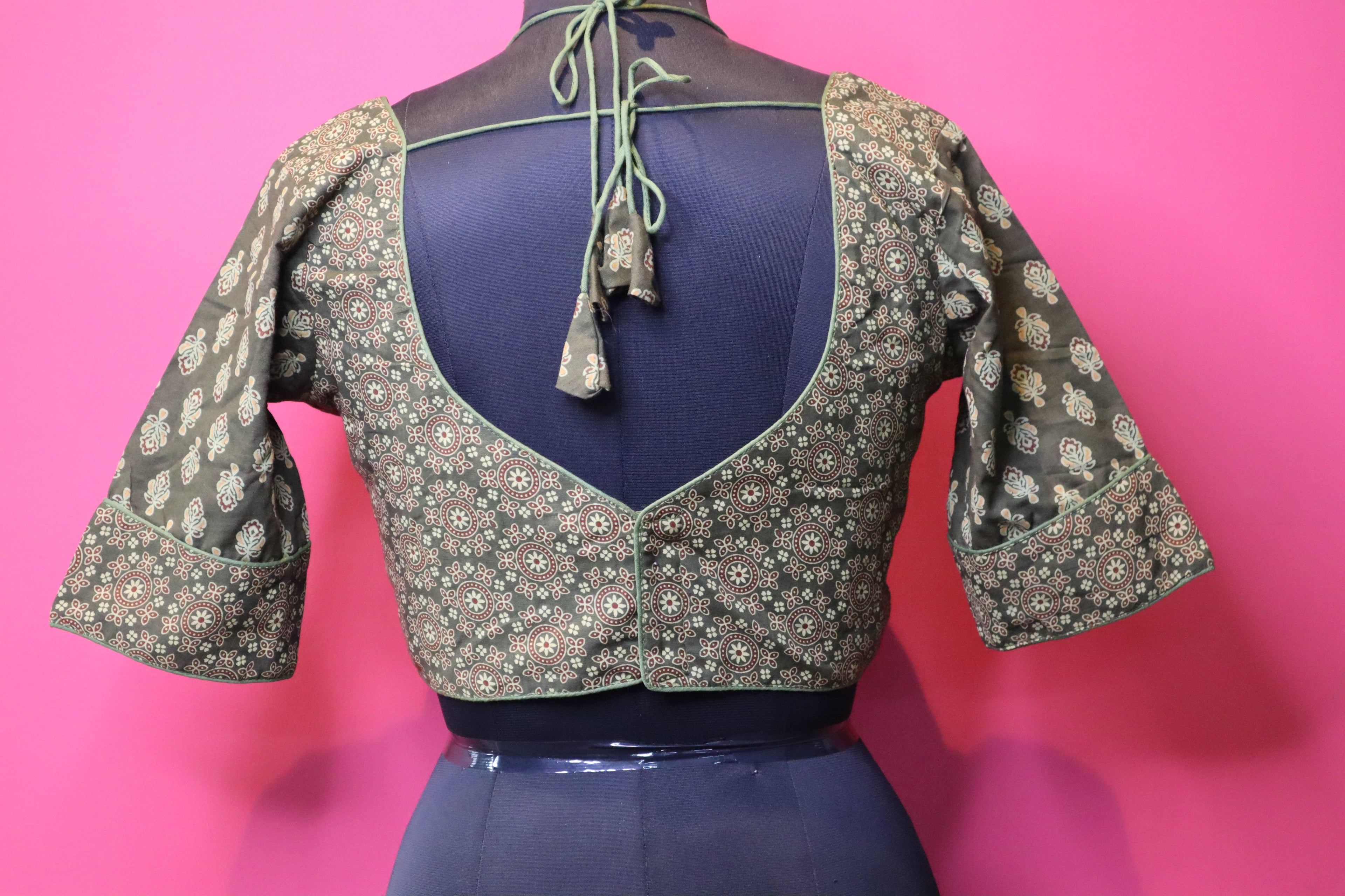 Women's Olive Green Printed Cotton Designer Readymade Blouse – Sweetheart Neck with Halter Strap