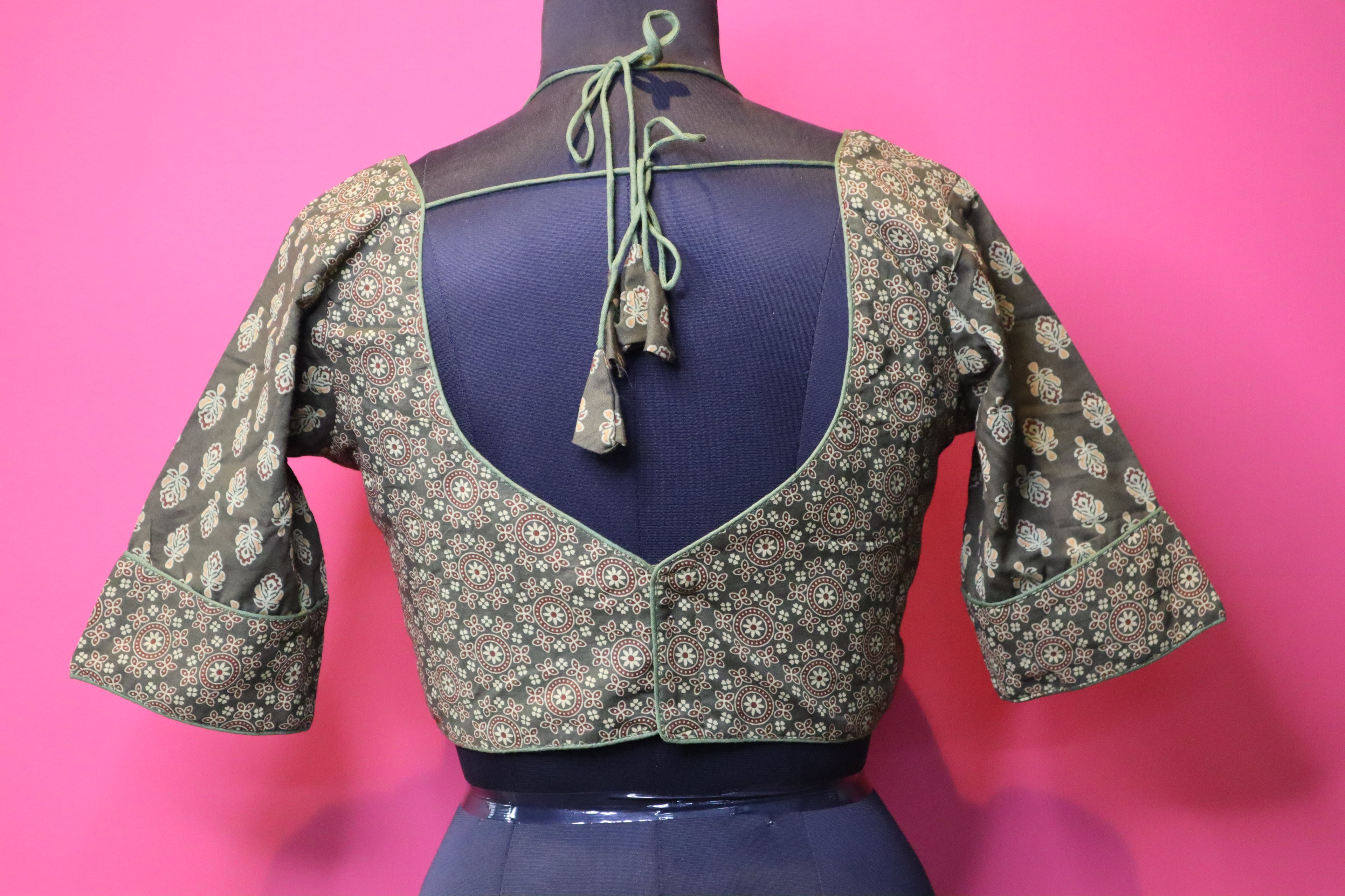 Women's Olive Green Printed Cotton Designer Readymade Blouse – Sweetheart Neck with Halter Strap