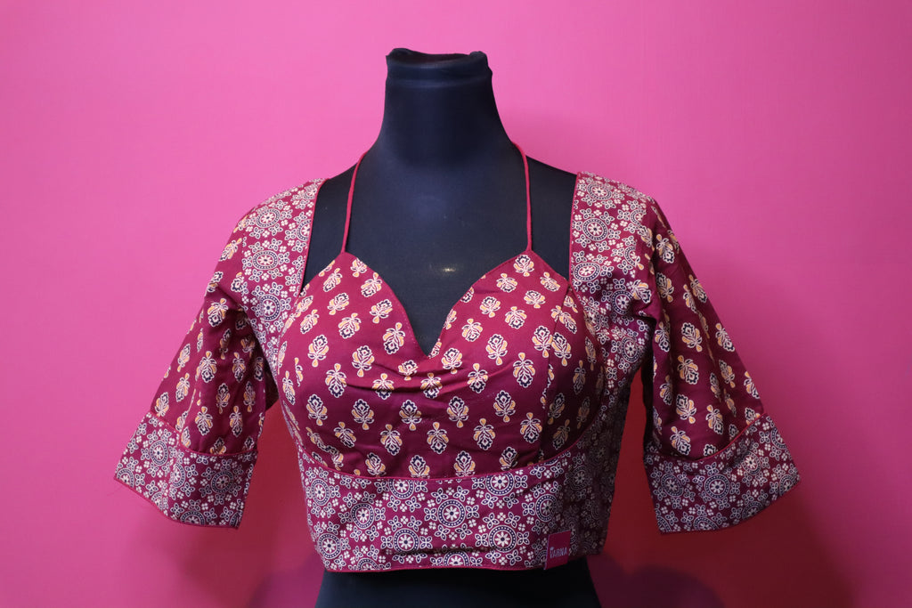 Maroon Printed Halter Neck Designer Saree Blouse with Flared Sleeves