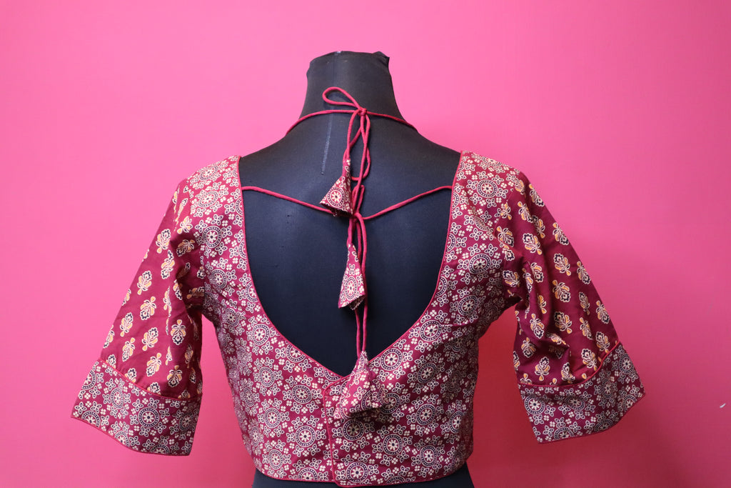 Maroon Printed Halter Neck Designer Saree Blouse with Flared Sleeves