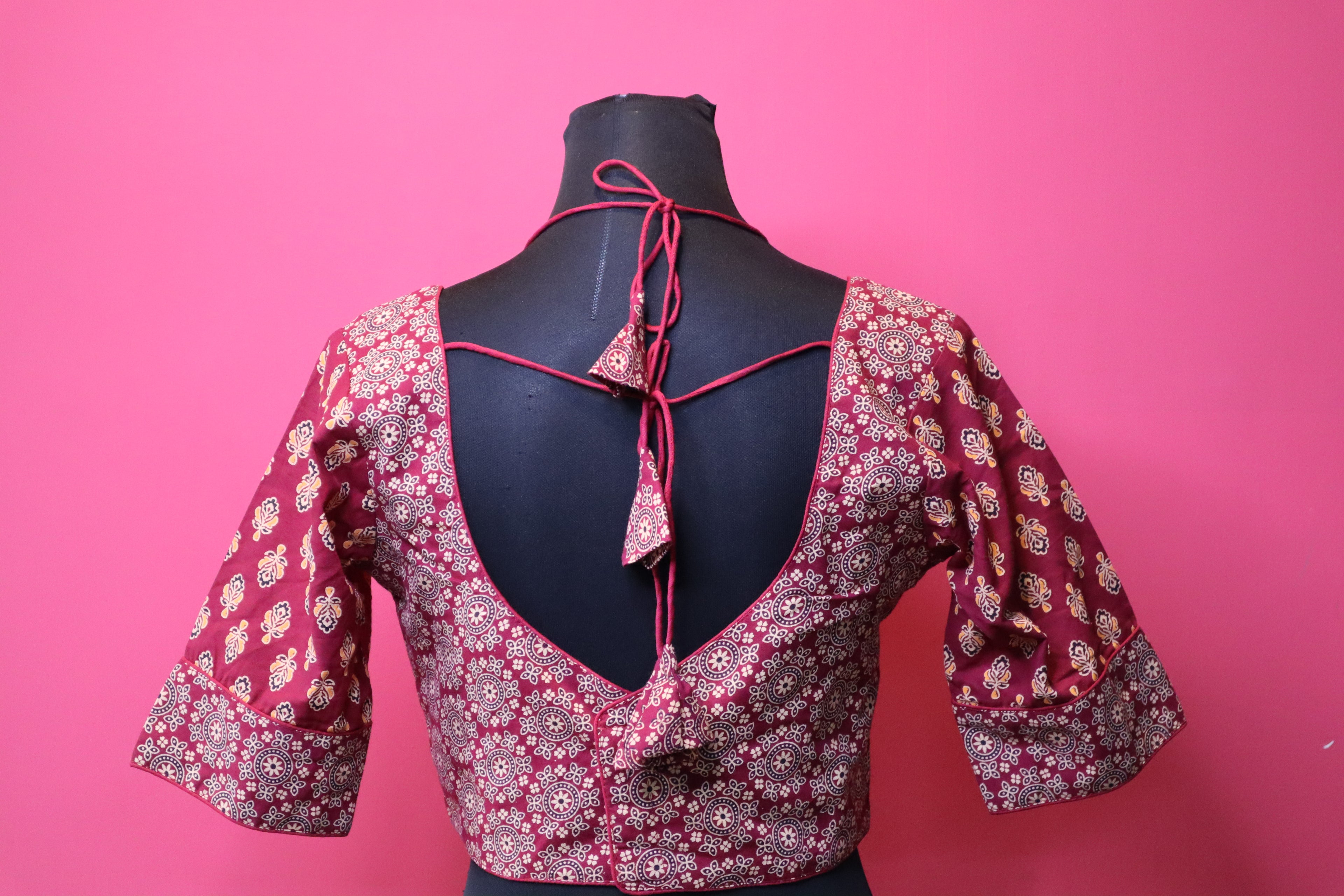 Maroon Printed Halter Neck Designer Saree Blouse with Flared Sleeves