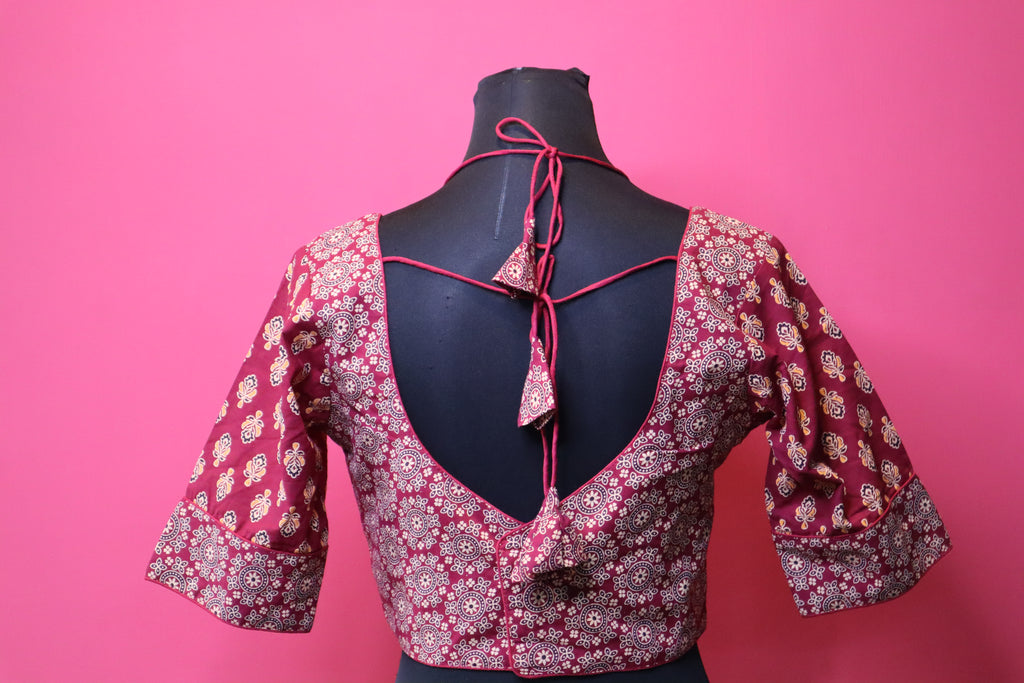 Maroon Printed Halter Neck Designer Saree Blouse with Flared Sleeves