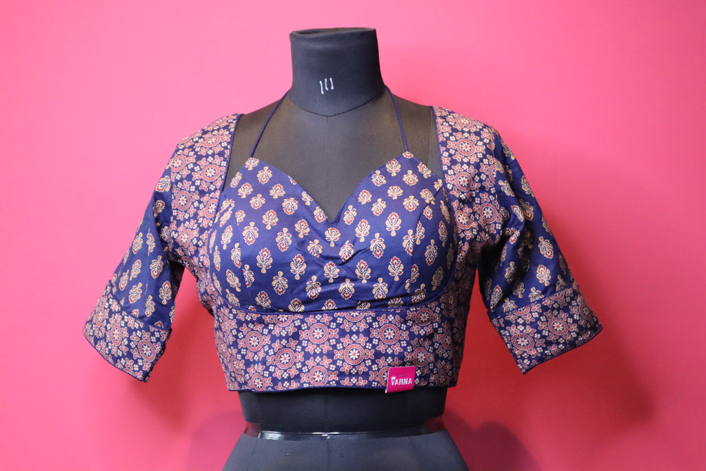 Blue Printed Designer Saree Blouse with Halter Neck & Flared Sleeves