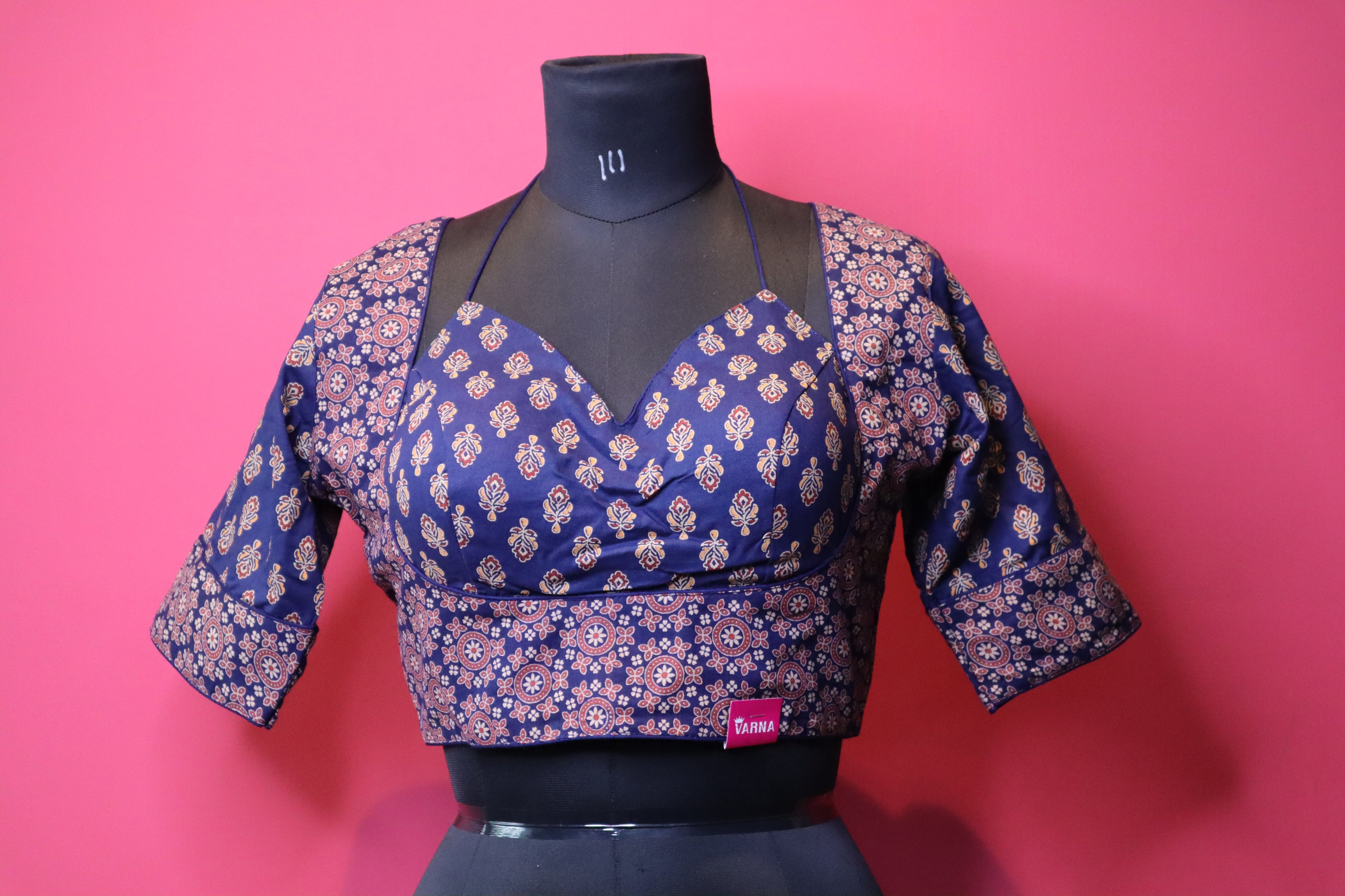 Blue Printed Designer Saree Blouse with Halter Neck & Flared Sleeves