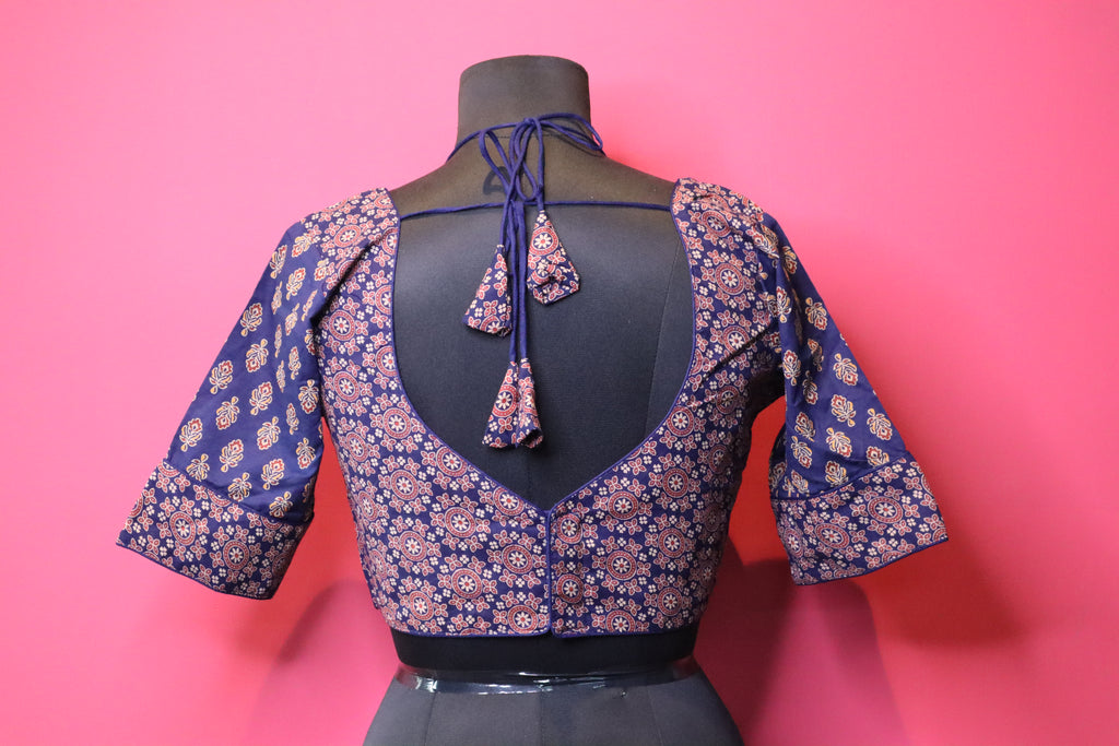 Blue Printed Designer Saree Blouse with Halter Neck & Flared Sleeves