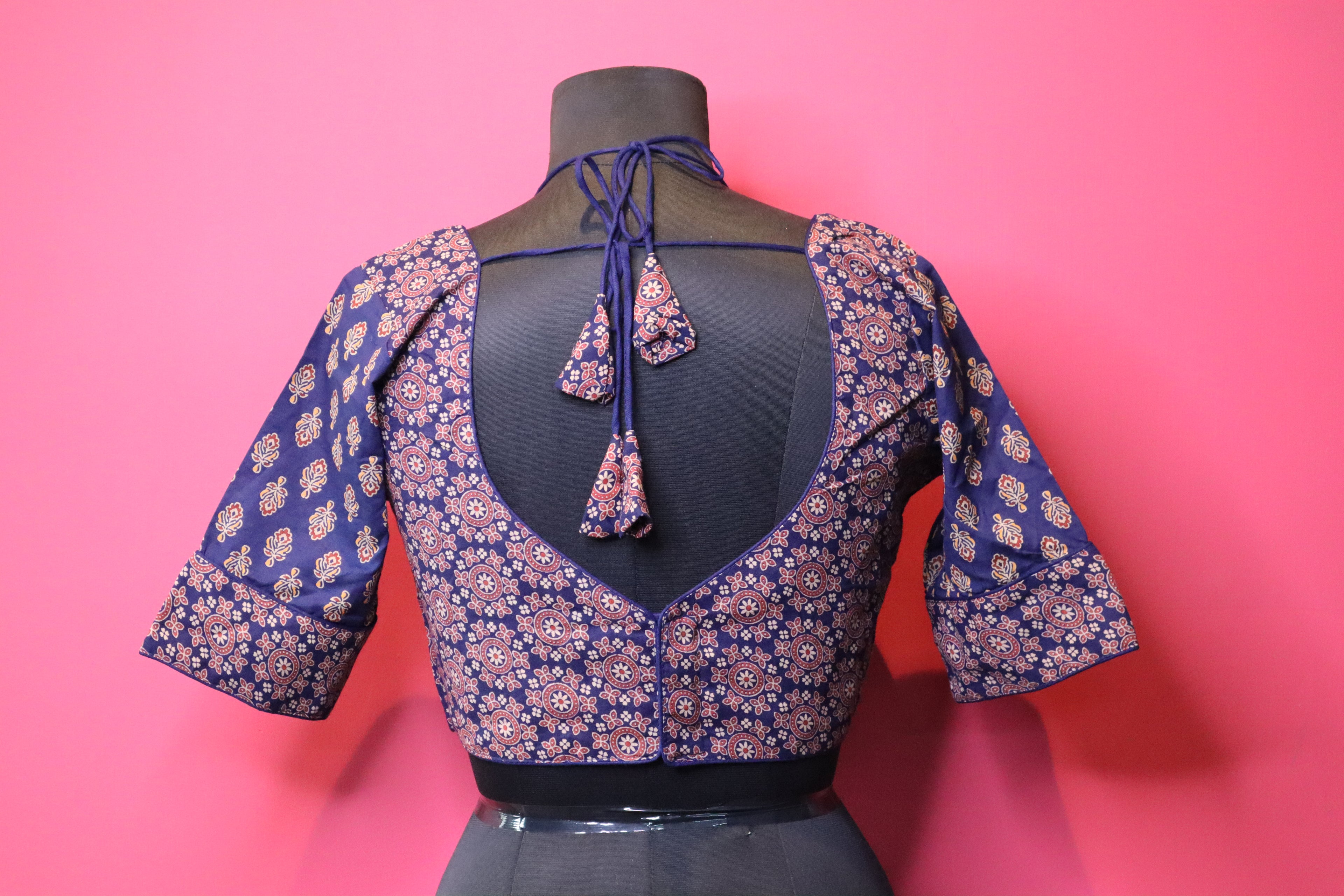 Blue Printed Designer Saree Blouse with Halter Neck & Flared Sleeves