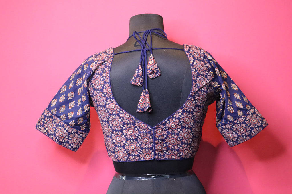 Blue Printed Designer Saree Blouse with Halter Neck & Flared Sleeves