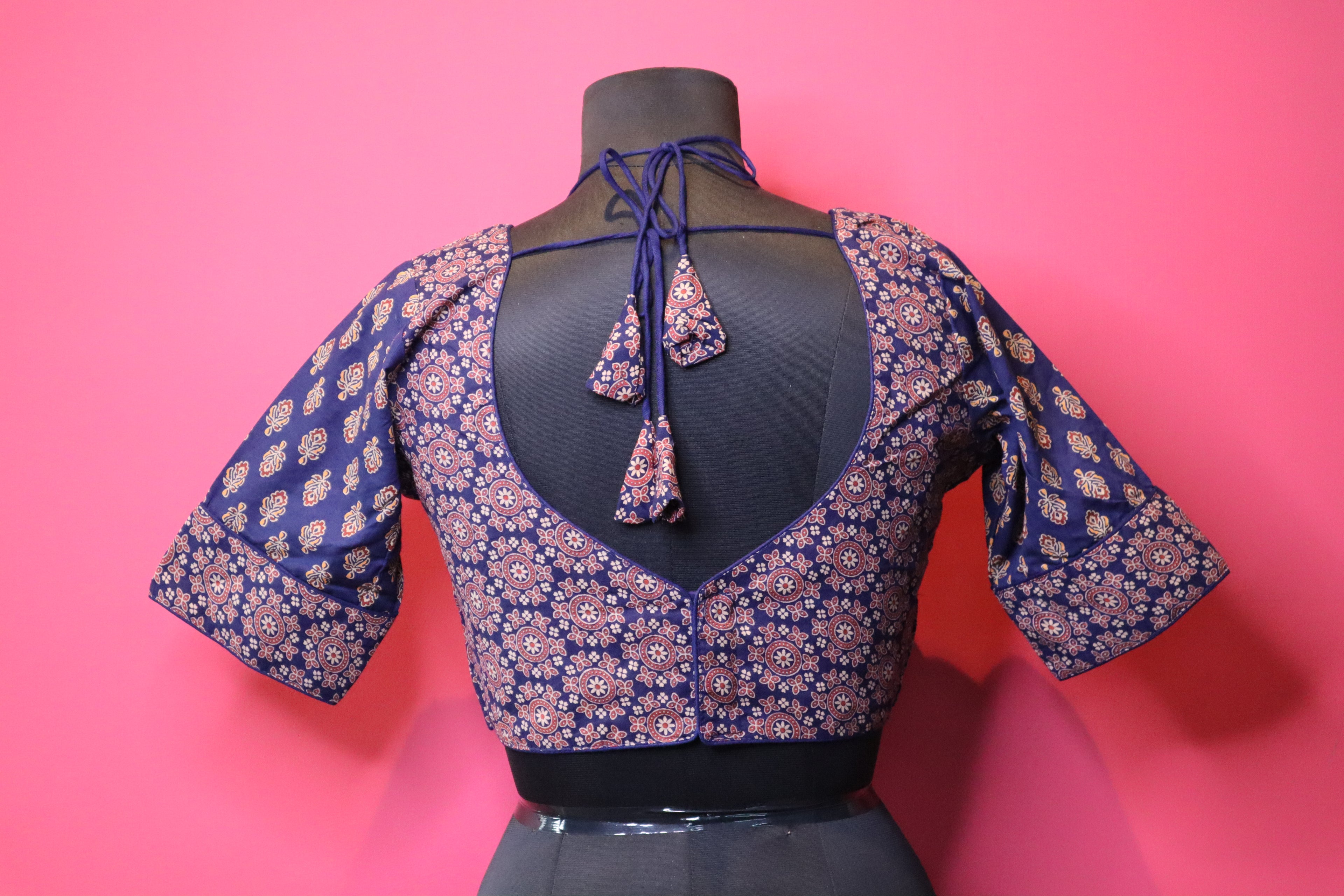 Blue Printed Designer Saree Blouse with Halter Neck & Flared Sleeves