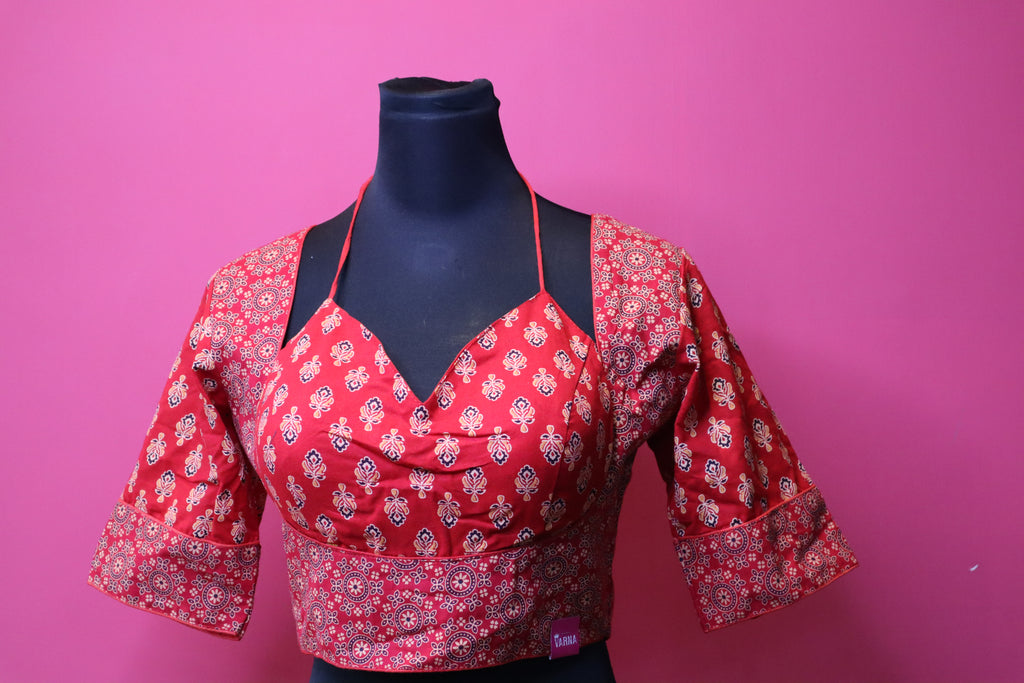 Red Printed Halter Neck Designer Saree Blouse with Flared Sleeves