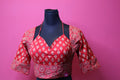 Red Printed Halter Neck Designer Saree Blouse with Flared Sleeves