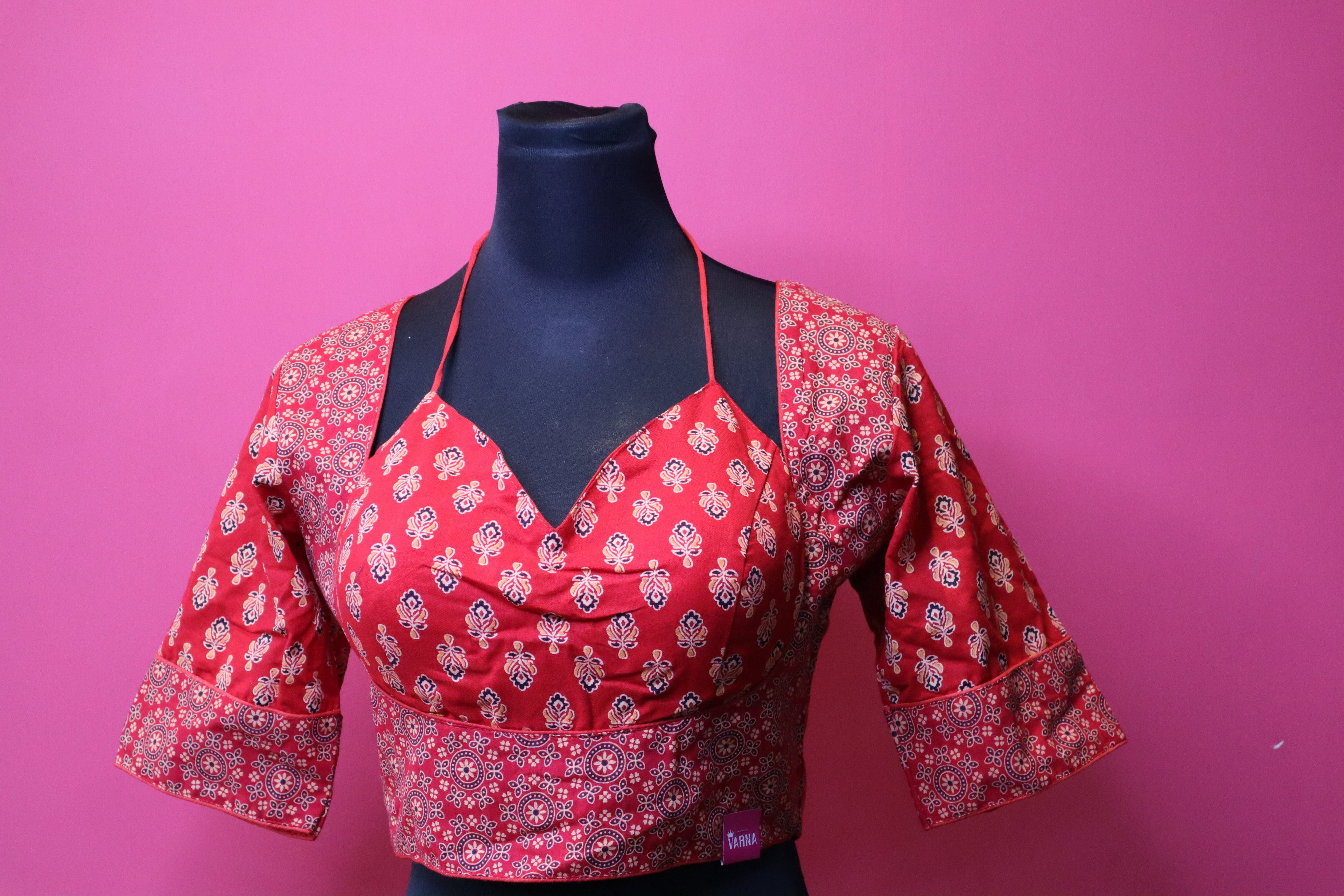 Red Printed Halter Neck Designer Saree Blouse with Flared Sleeves