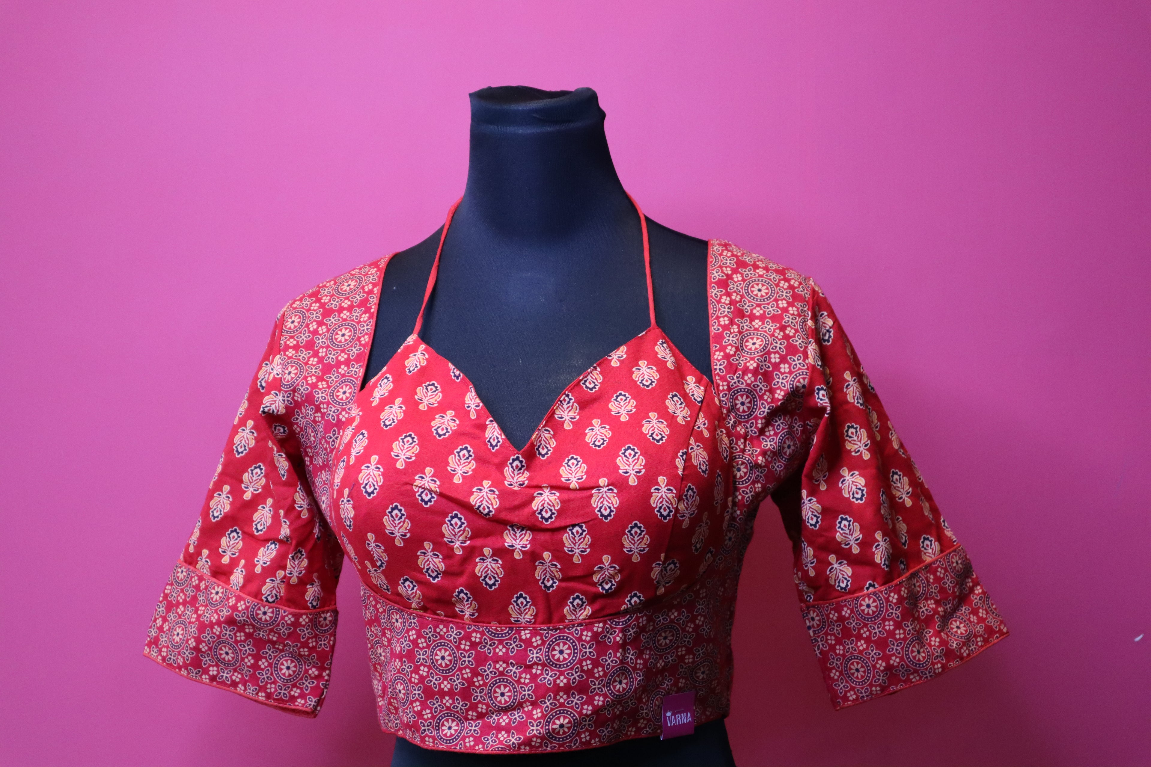 Red Printed Halter Neck Designer Saree Blouse with Flared Sleeves