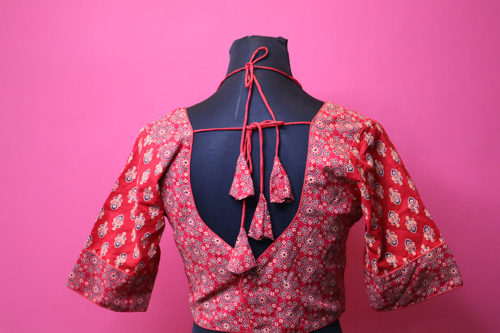 Ajrakh Print Designer Blouse with Deep Back Neck & Tassel Tie-Up
