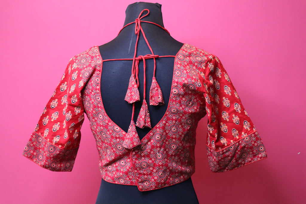 Red Printed Halter Neck Designer Saree Blouse with Flared Sleeves