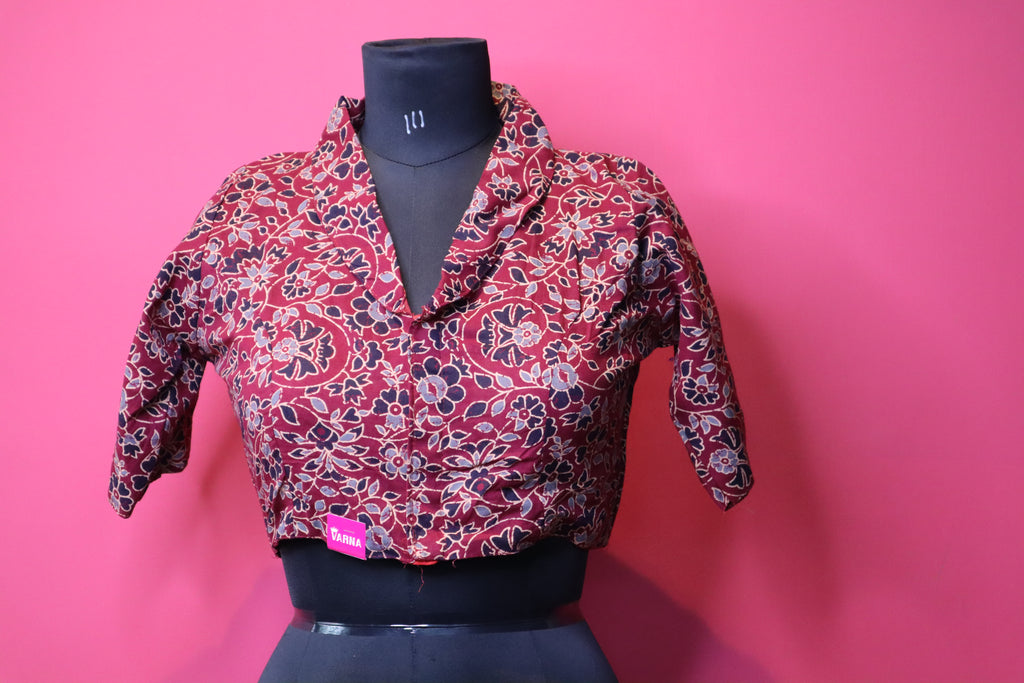 Maroon Floral Printed Designer Saree Blouse with Collar Neck