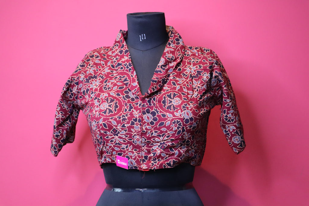 Maroon Floral Printed Designer Saree Blouse with Collar Neck