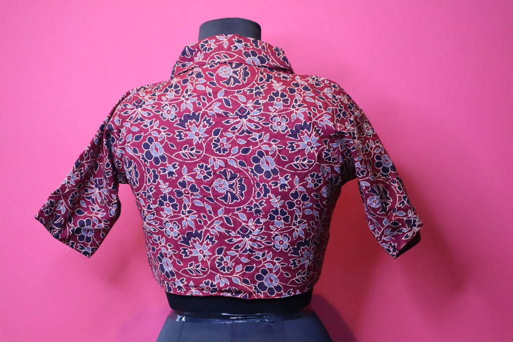 Maroon Floral Printed Designer Saree Blouse with Collar Neck