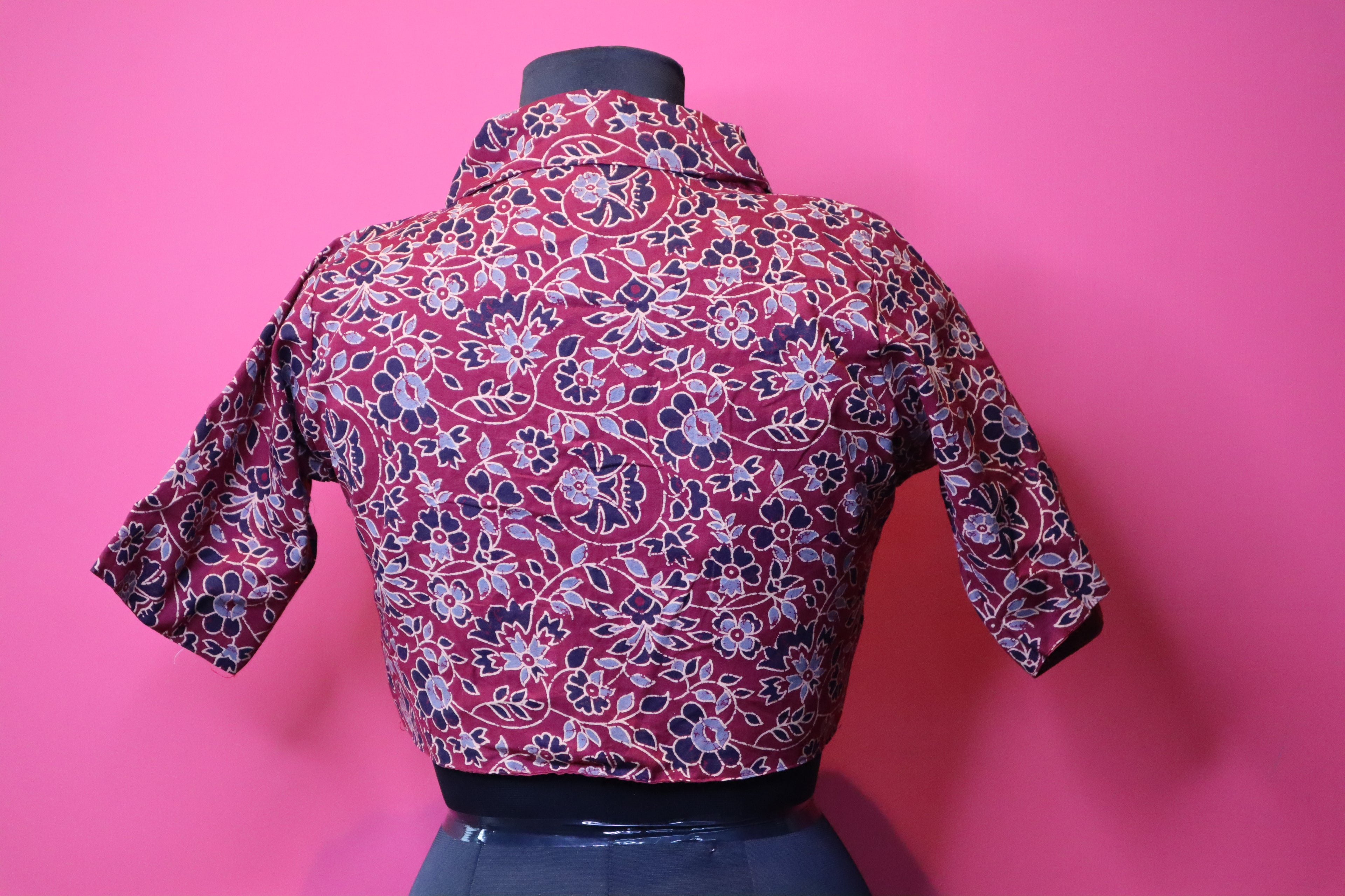 Maroon Floral Printed Designer Saree Blouse with Collar Neck