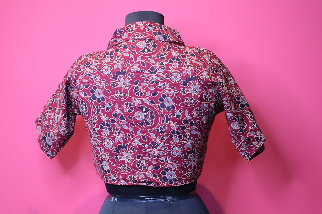 Maroon Floral Printed Designer Saree Blouse with Collar Neck