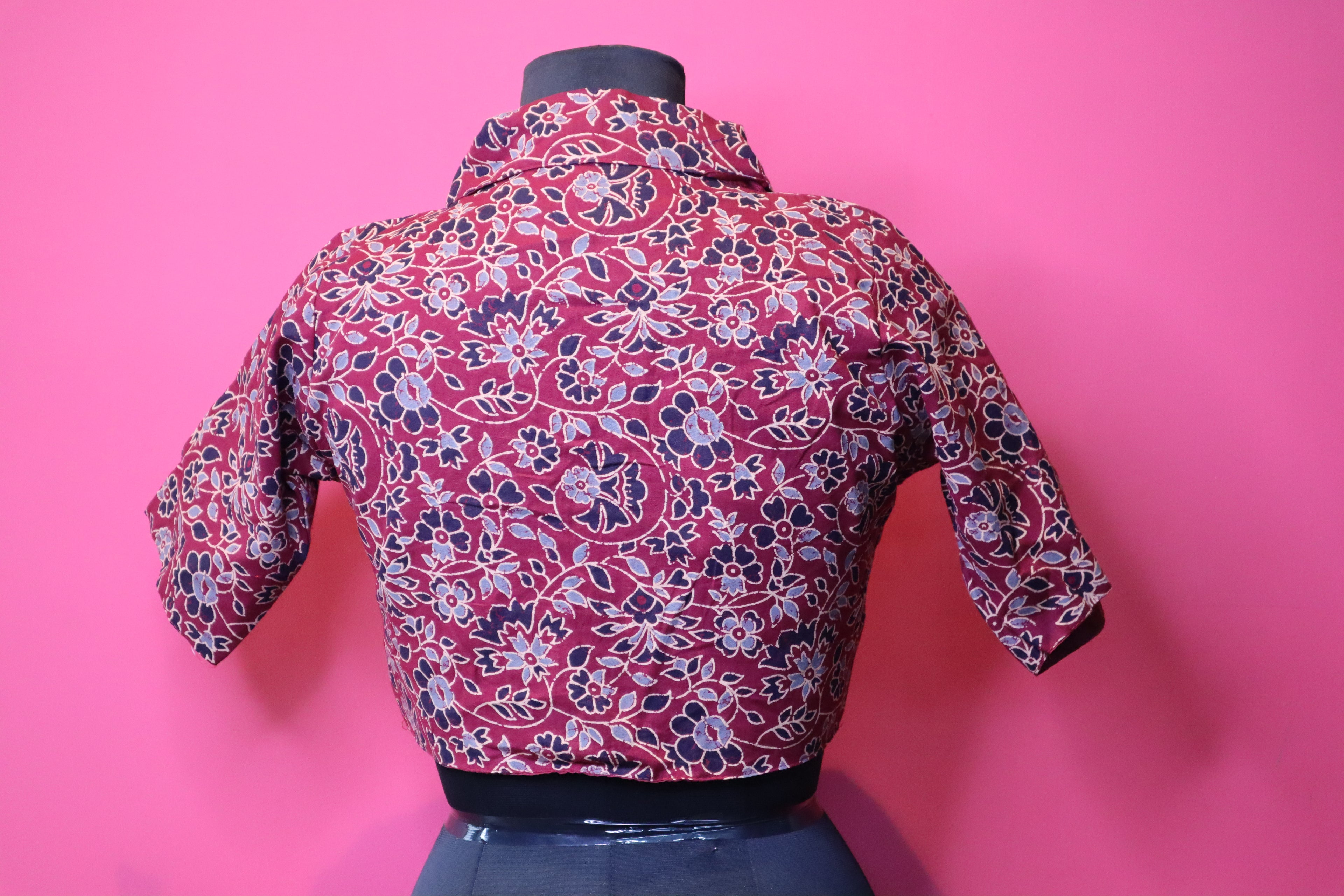 Maroon Floral Printed Designer Saree Blouse with Collar Neck