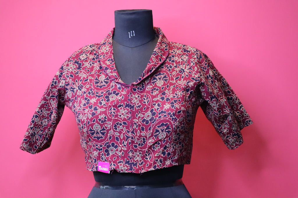 Maroon Floral Printed Designer Saree Blouse with Collar Neck