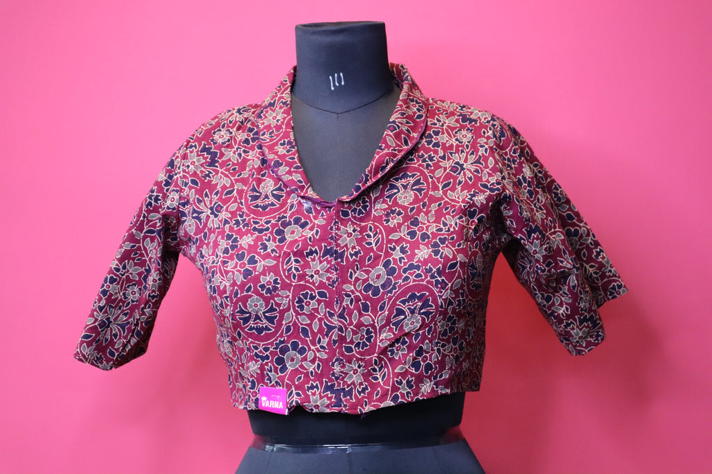 Maroon Floral Printed Designer Saree Blouse with Collar Neck