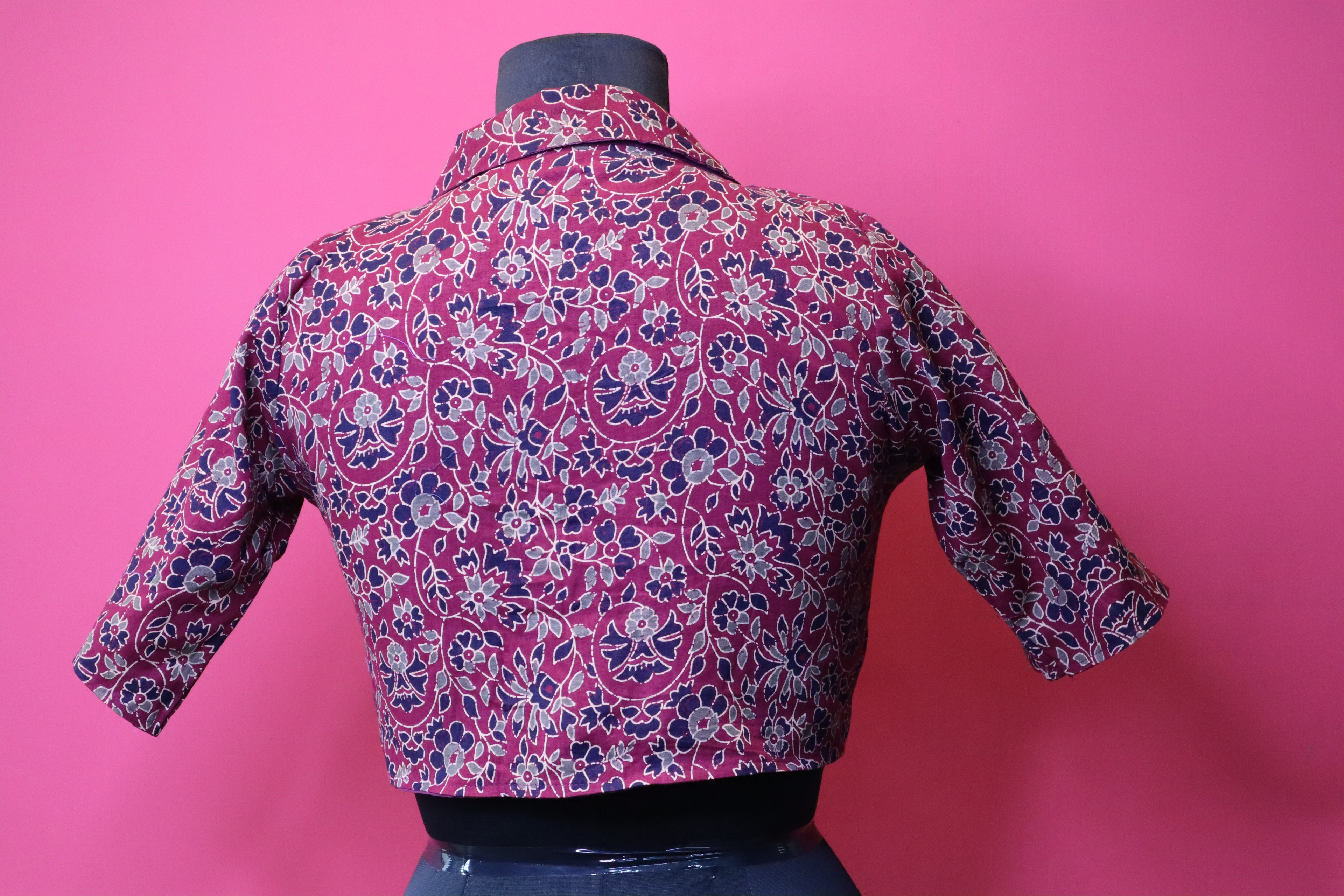 Maroon Floral Printed Designer Saree Blouse with Collar Neck