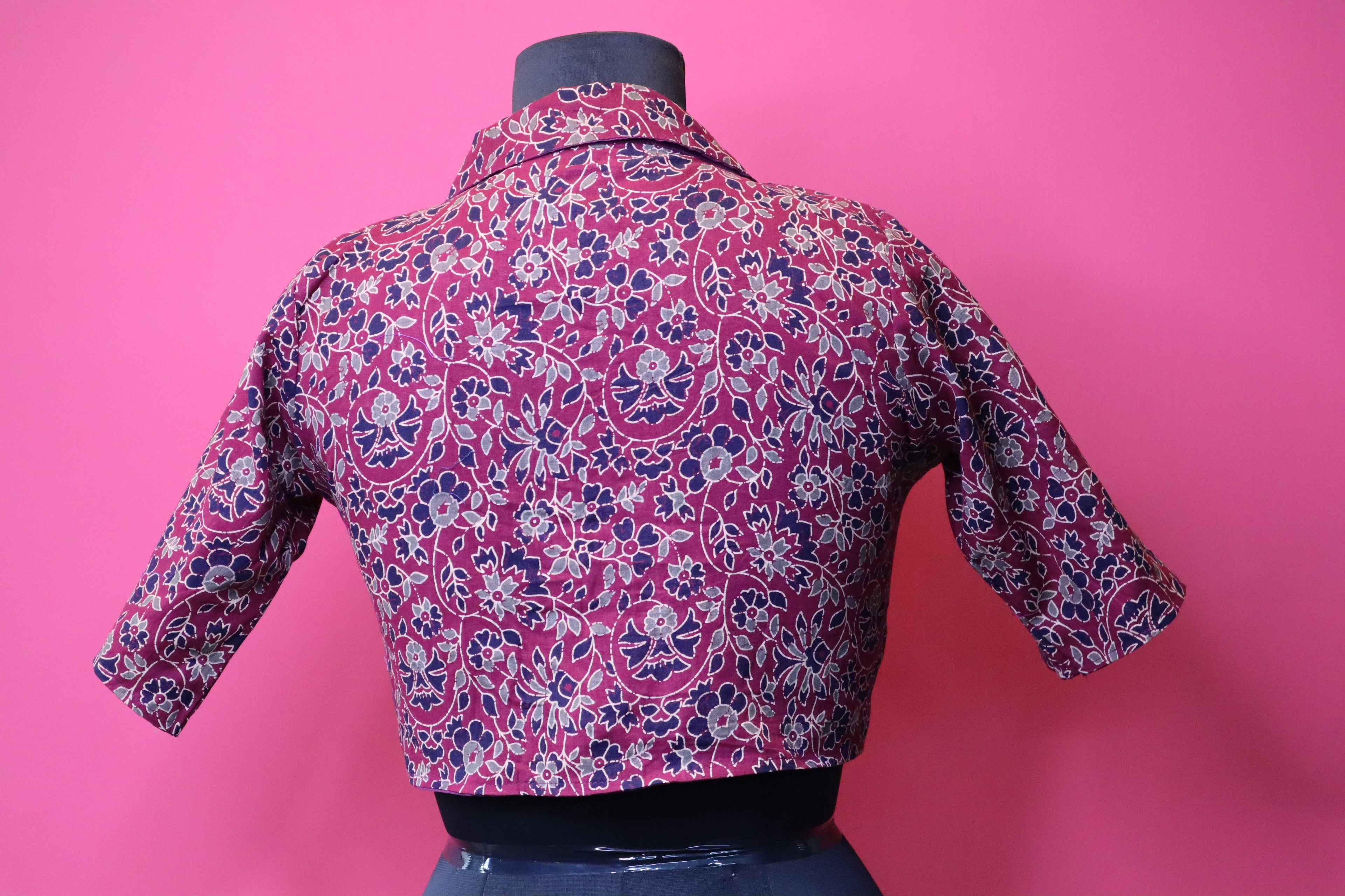 Maroon Floral Printed Designer Saree Blouse with Collar Neck