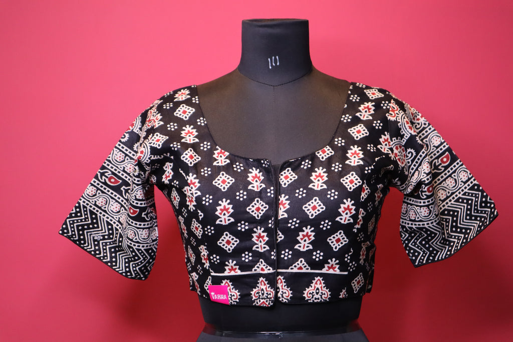 Black Printed Saree Blouse with Statement Sleeves | Traditional Designer Blouse