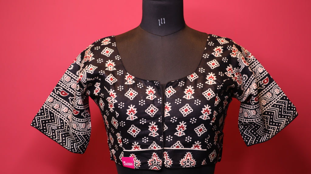 Black Printed Saree Blouse with Statement Sleeves | Traditional Designer Blouse