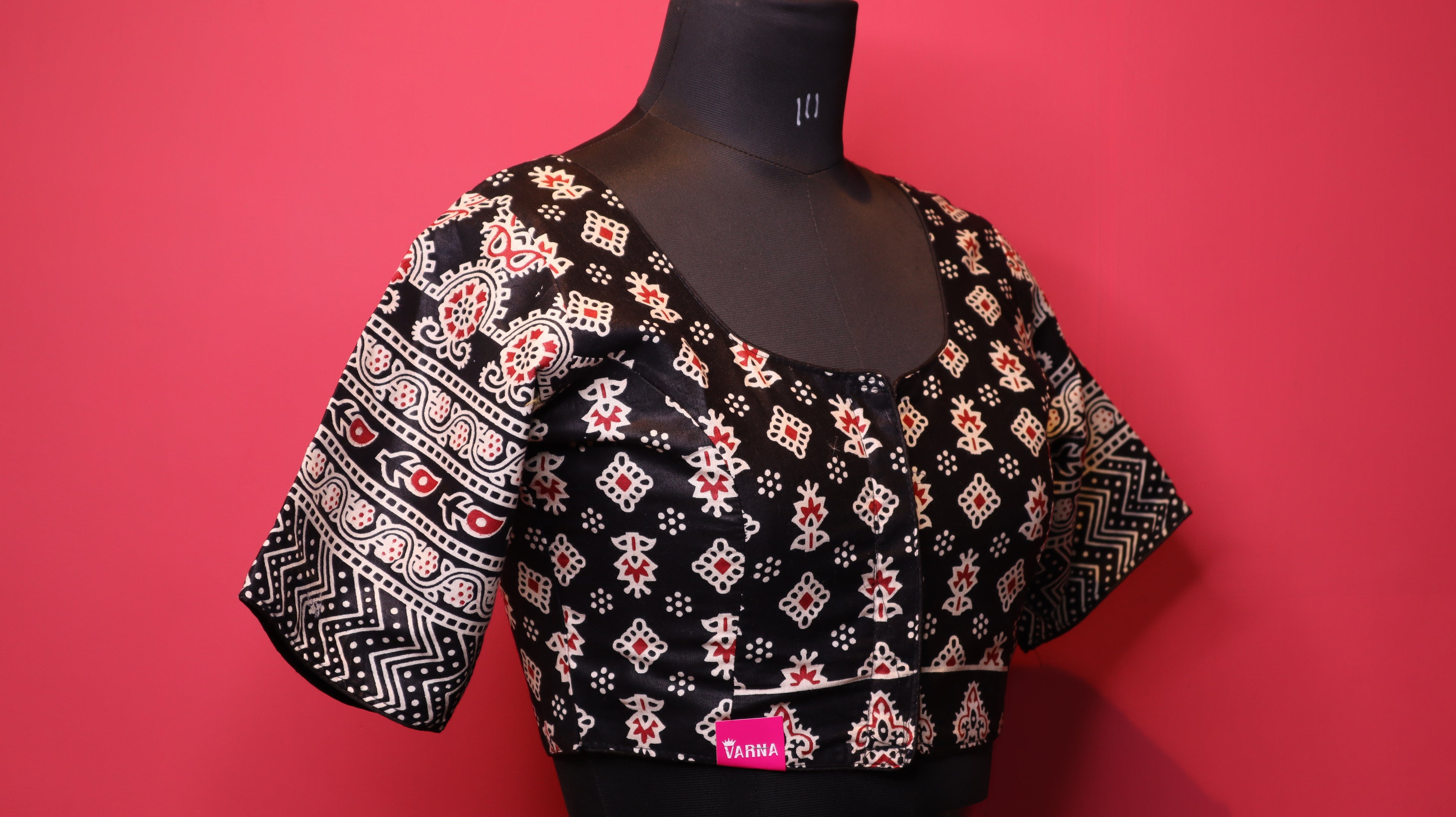 Black Printed Saree Blouse with Statement Sleeves | Traditional Designer Blouse
