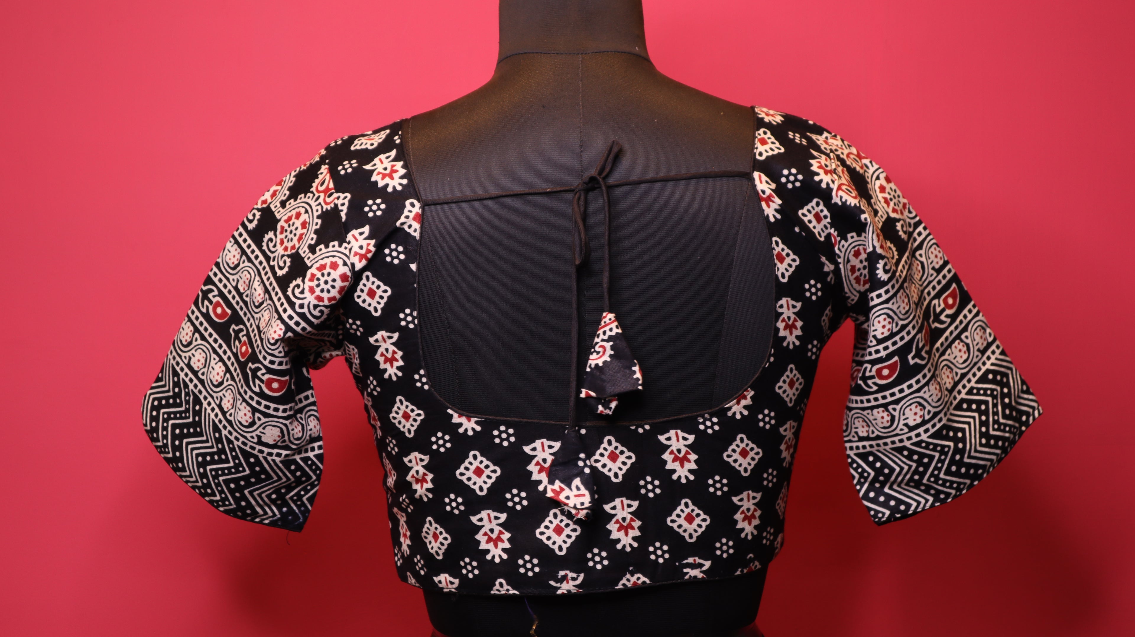 Black Printed Saree Blouse with Statement Sleeves | Traditional Designer Blouse
