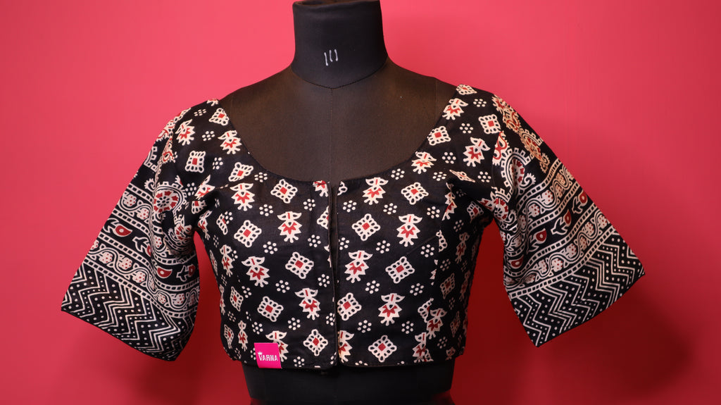 Black Printed Saree Blouse with Designer Pattern Sleeves | Round Neck Blouse