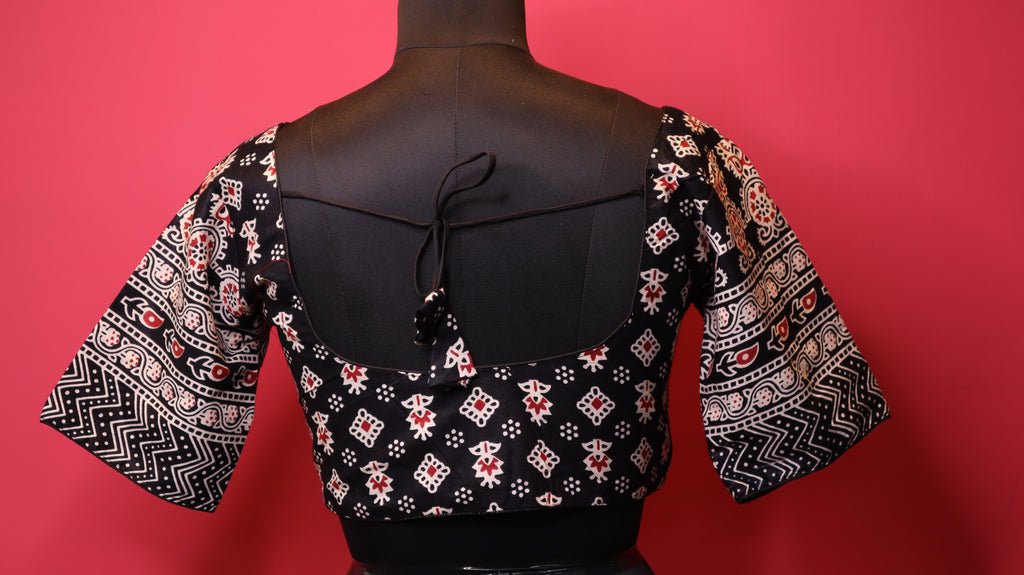 Black Printed Saree Blouse with Designer Pattern Sleeves | Round Neck Blouse