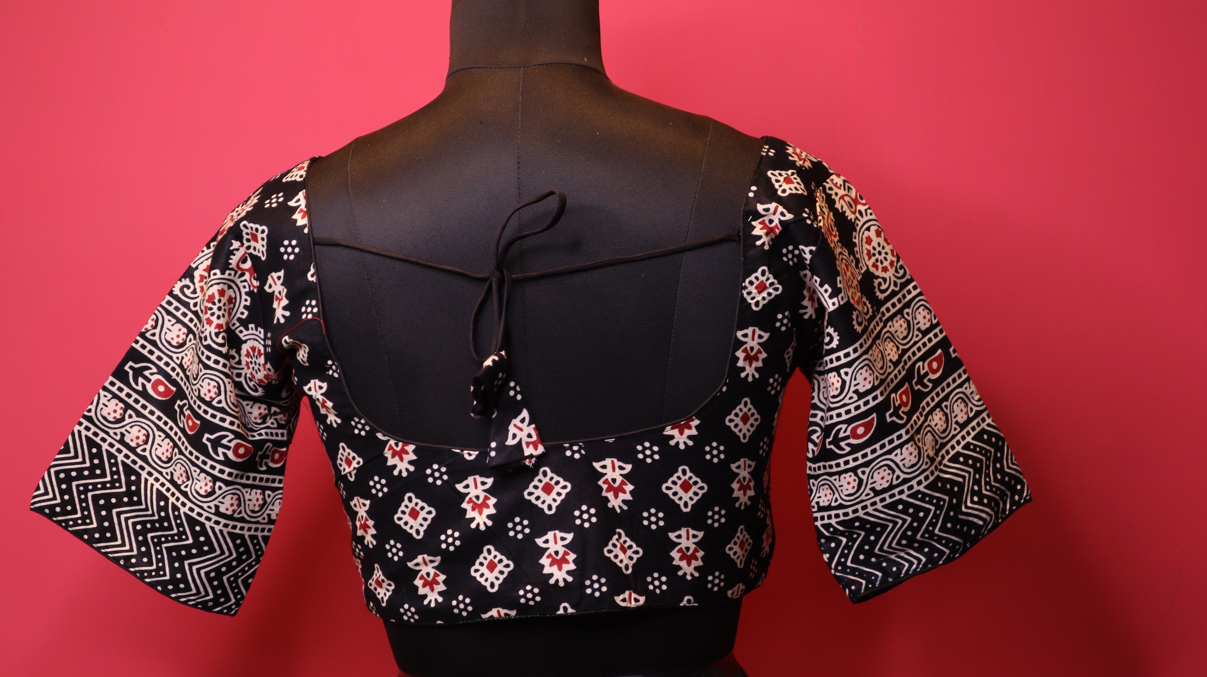 Black Printed Saree Blouse with Designer Pattern Sleeves | Round Neck Blouse