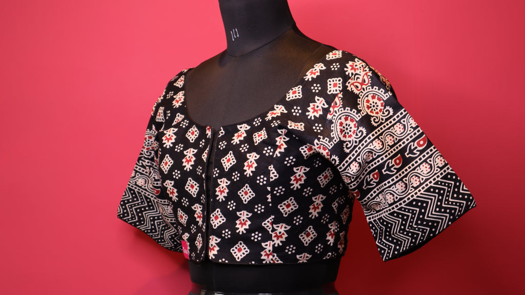 Black Printed Saree Blouse with Designer Pattern Sleeves | Round Neck Blouse