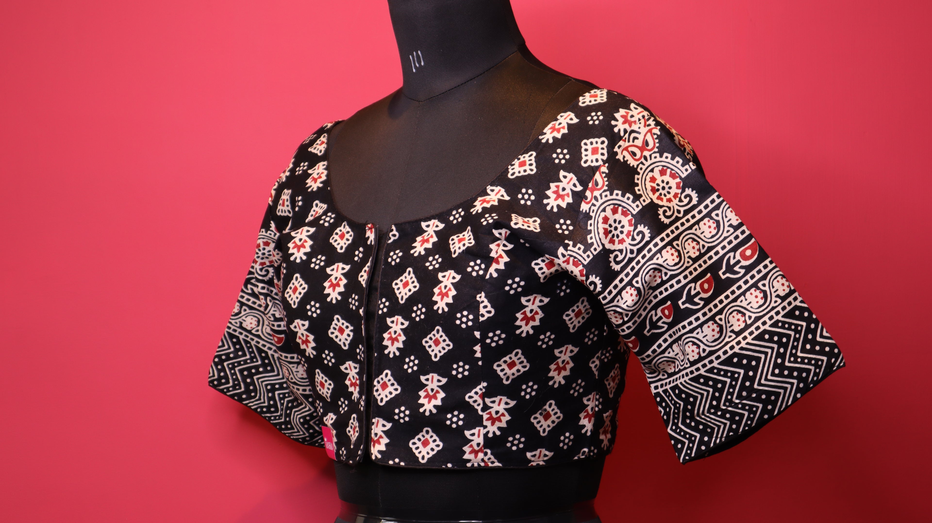 Black Printed Saree Blouse with Designer Pattern Sleeves | Round Neck Blouse