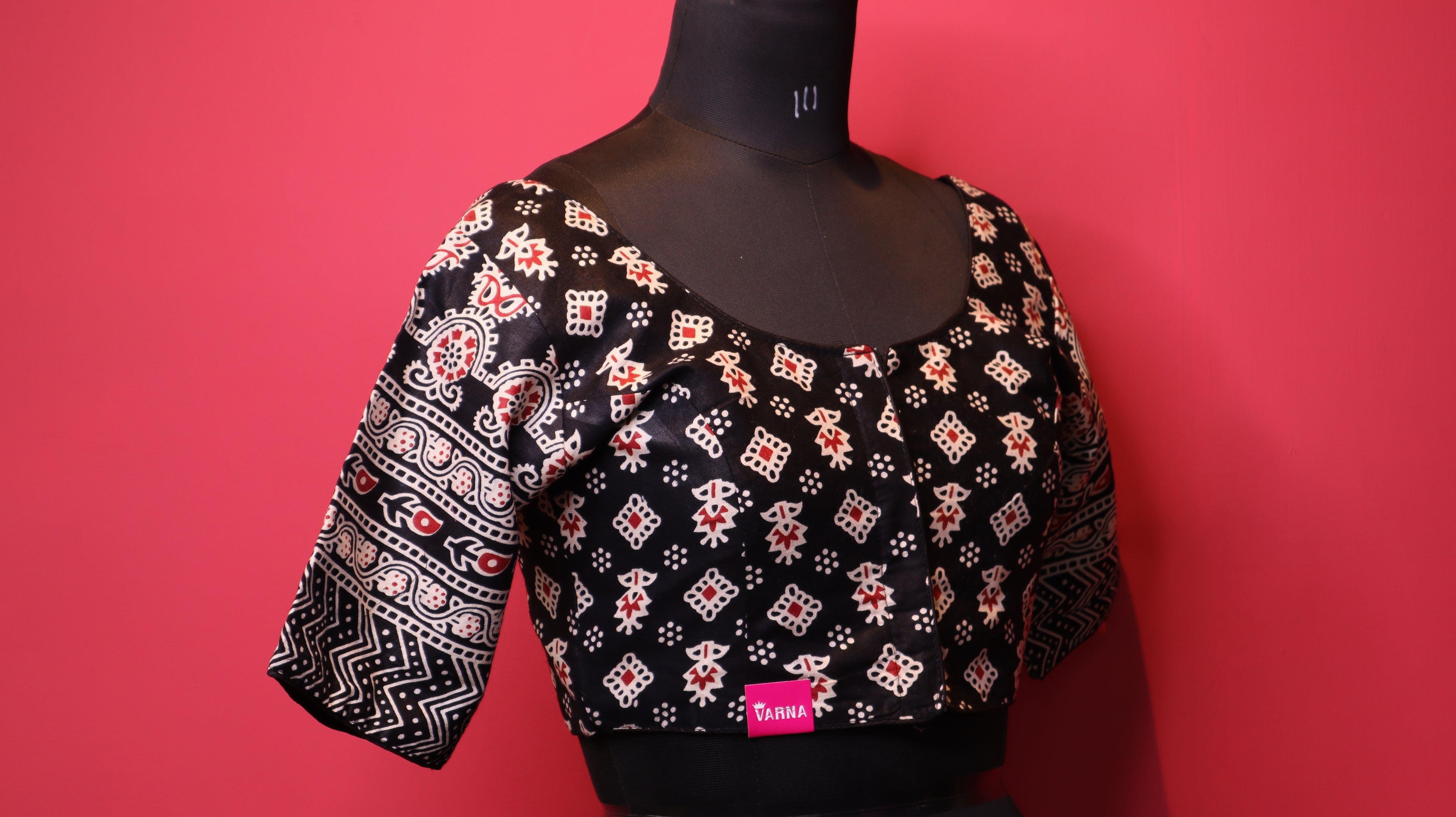Black Printed Saree Blouse with Designer Pattern Sleeves | Round Neck Blouse