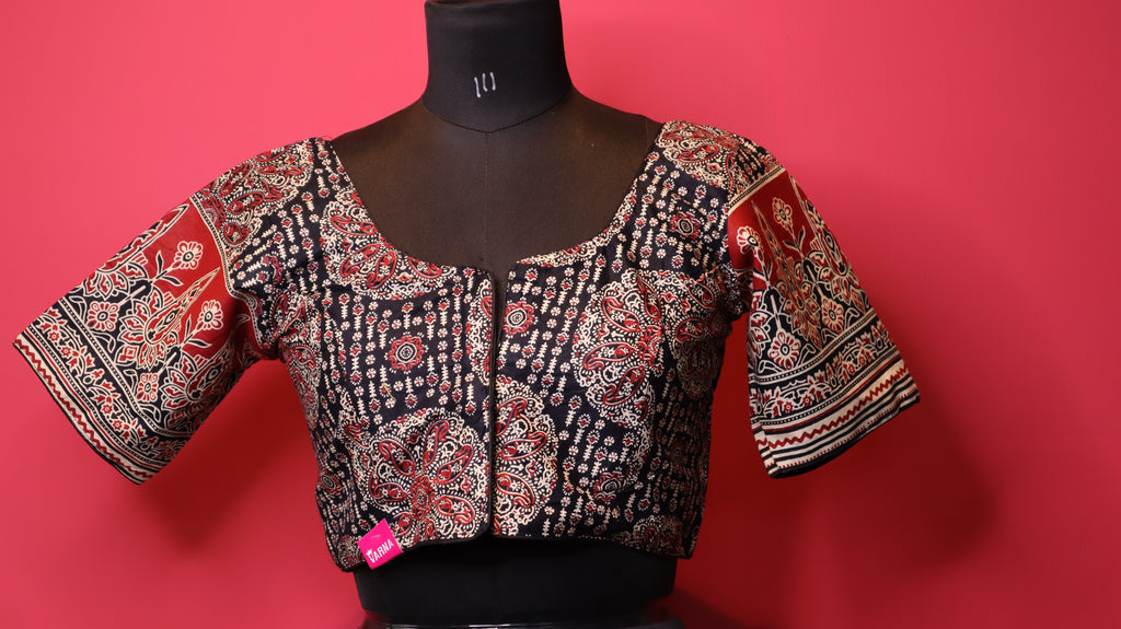 Black Printed Saree Blouse with Red & White Ethnic Border Sleeves | Round Neck Blouse