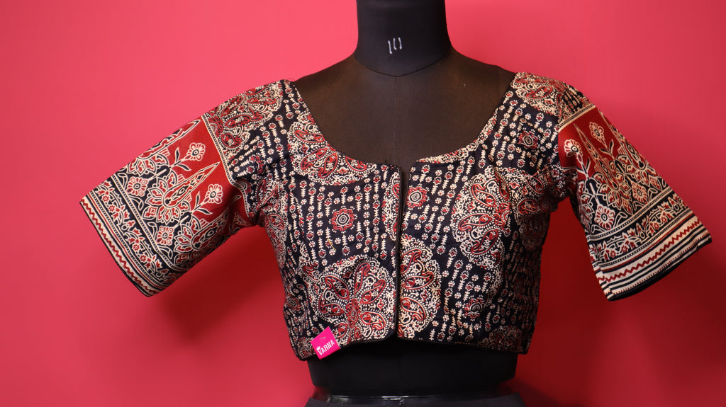 Black Printed Saree Blouse with Red & White Ethnic Border Sleeves | Round Neck Blouse