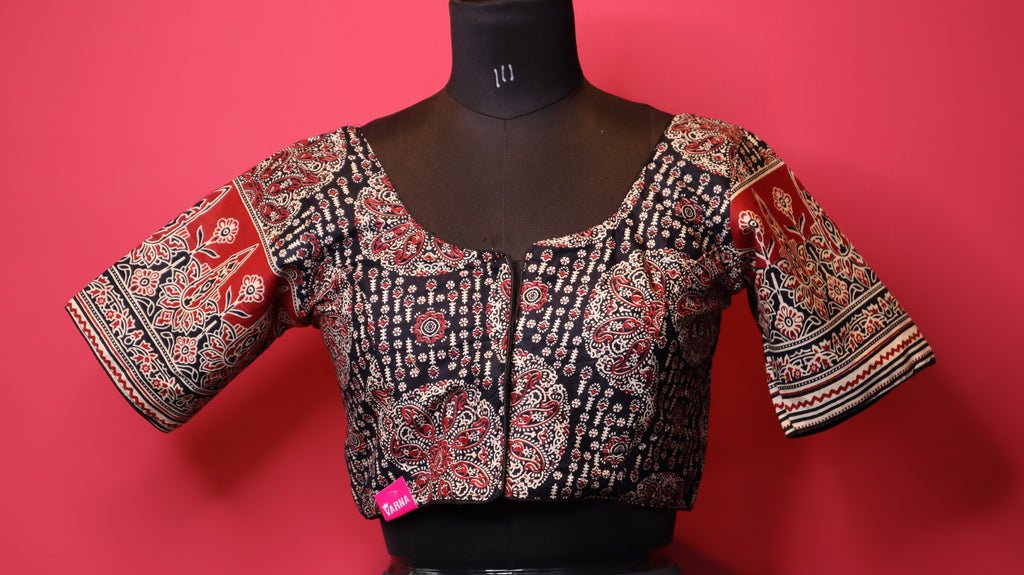 Black Printed Saree Blouse with Red & White Ethnic Border Sleeves | Round Neck Blouse