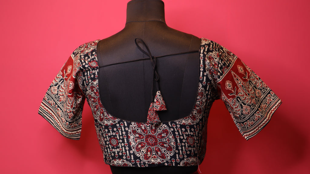 Black Printed Saree Blouse with Red & White Ethnic Border Sleeves | Round Neck Blouse