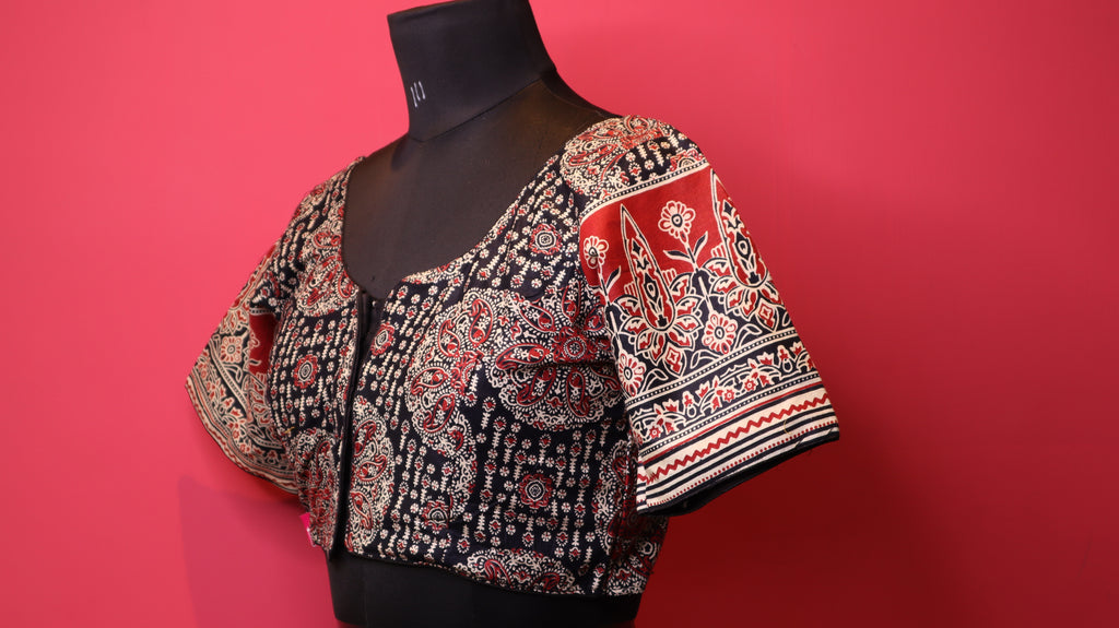 Black Printed Saree Blouse with Red & White Ethnic Border Sleeves | Round Neck Blouse