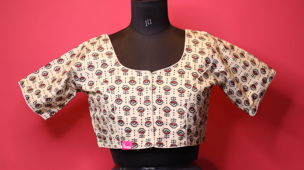 Cream Printed Saree Blouse with Floral Motif | Round Neck Half Sleeve Blouse