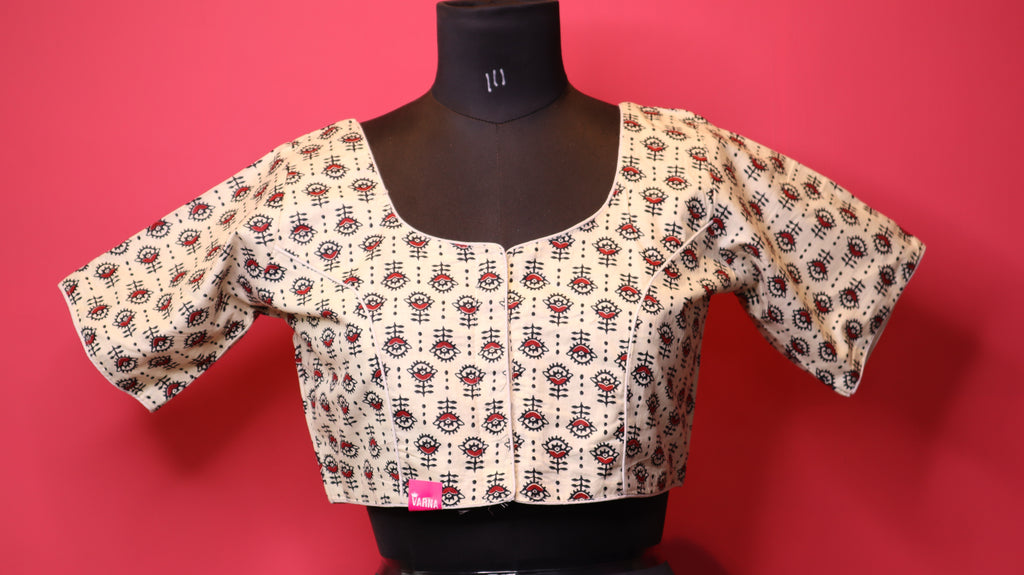 Cream Printed Saree Blouse with Floral Motif | Round Neck Half Sleeve Blouse