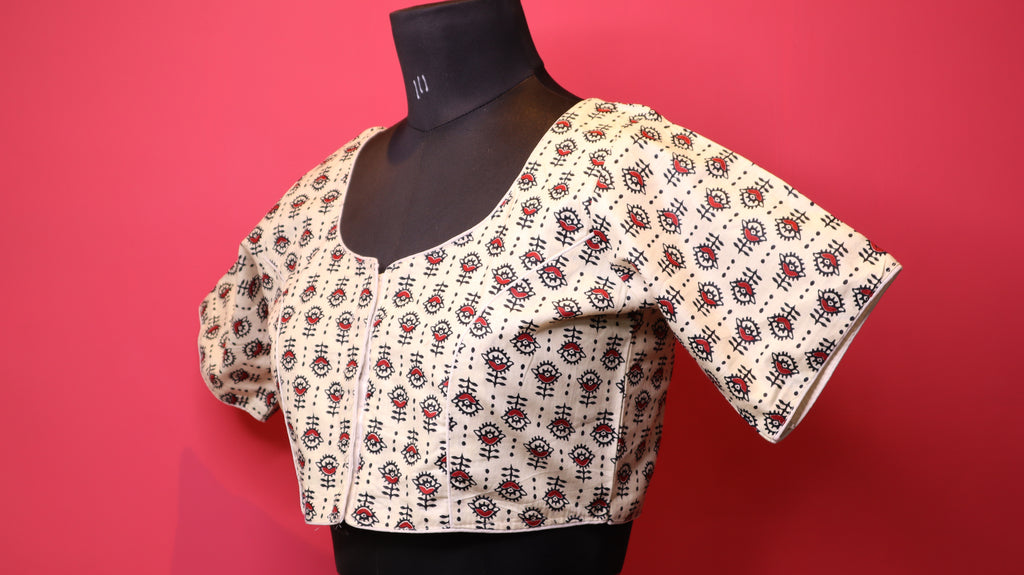 Cream Printed Saree Blouse with Floral Motif | Round Neck Half Sleeve Blouse